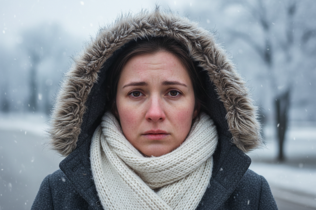 Woman with dry, sensitive skin outdoors in winter